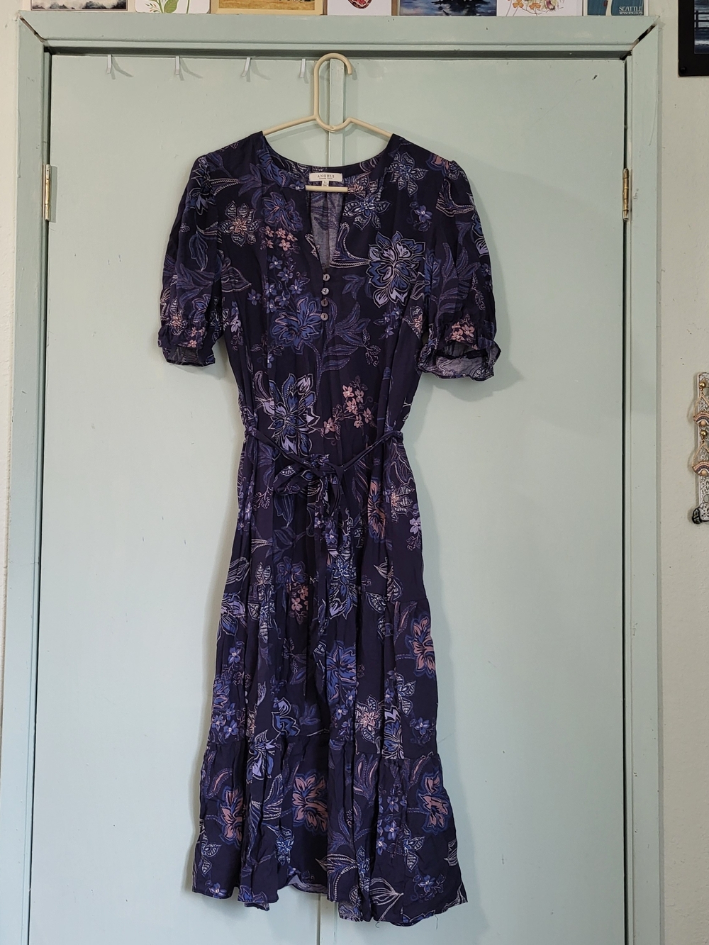 Floral Button-Front Navy Midi Dress with Tie Waist
